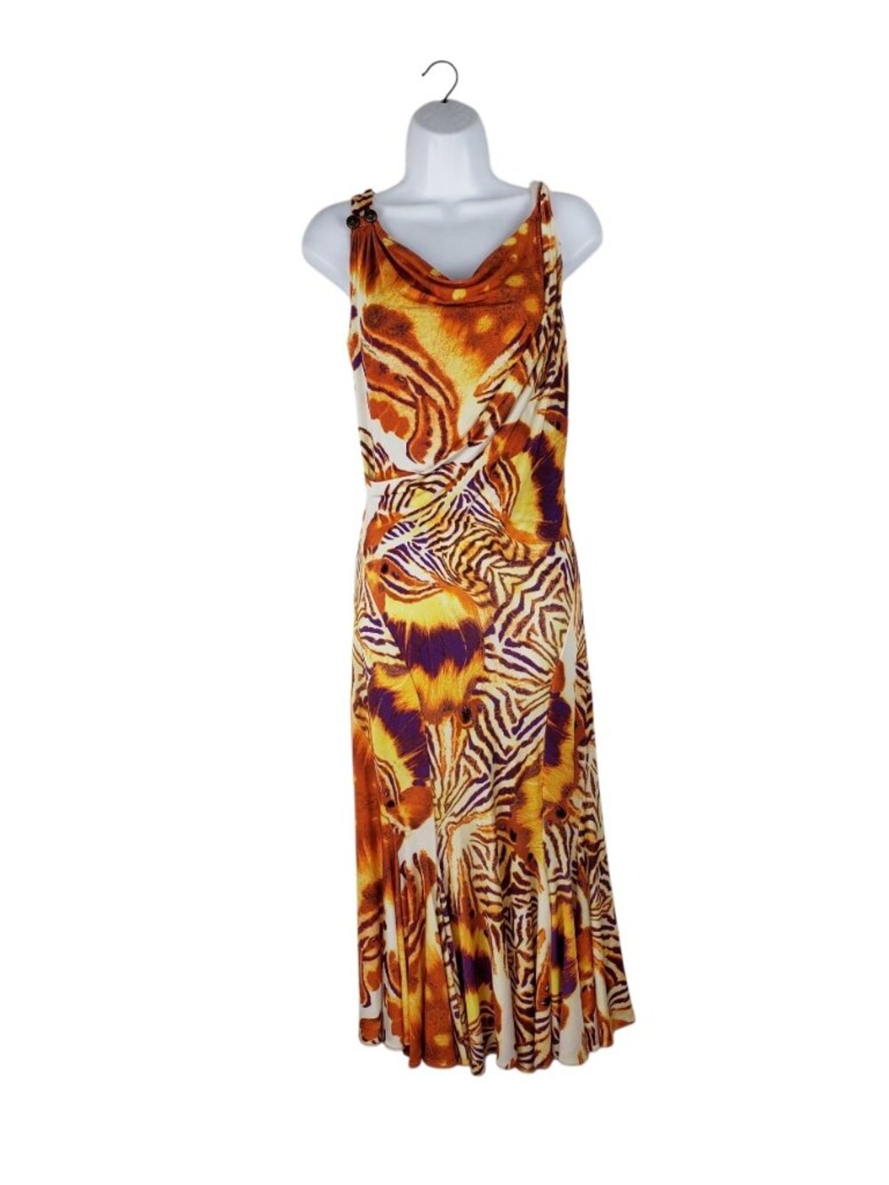 Just Cavalli Plunge Back Midi Dress Orange Animal Trumpet Womens 44 US 8
